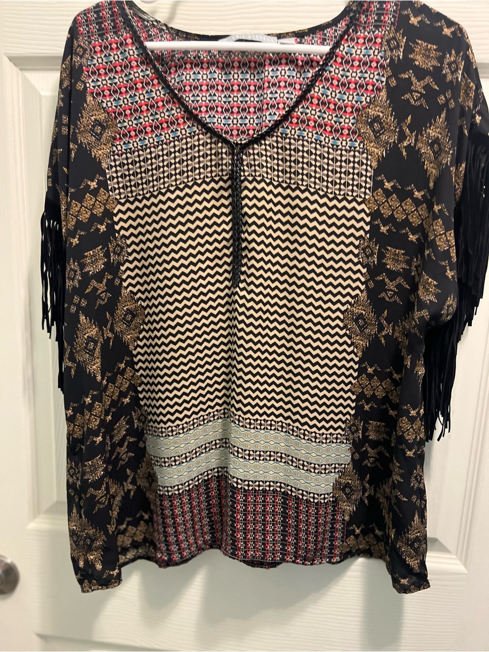 Boho Fringe-Sleeve Tunic Top - Black/Cream with Multi Accents